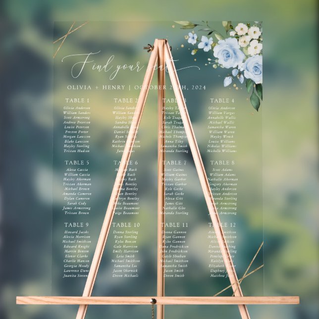 Blue Flowers, White Flowers, Boho, Seating Chart (Neutral)