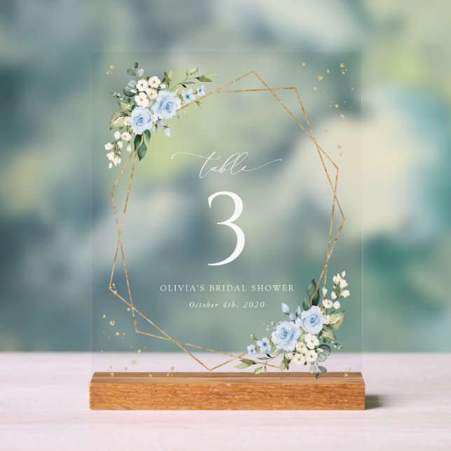 Blue Flowers, White Flowers, Boho, Table Numbers Acrylic Sign (Neutral)