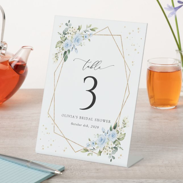 Blue Flowers, White Flowers, Boho, Table Numbers Pedestal Sign (In SItu)