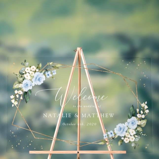 Blue Flowers, White Flowers, Boho, Wedding Welcome Acrylic Sign (Neutral)