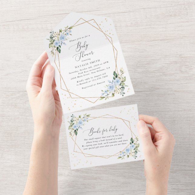 Blue Flowers, White Flowers, Greenery, Baby Shower All In One Invitation (Tearaway)