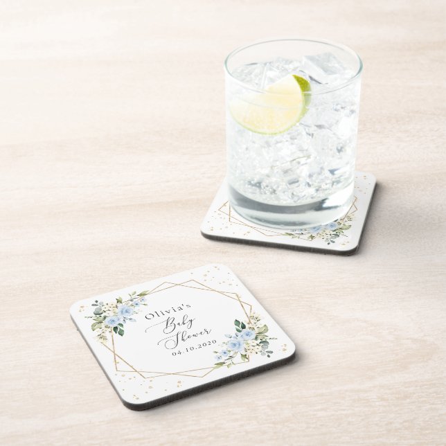 Blue Flowers, White Flowers, Greenery, Baby Shower Beverage Coaster (Right Side)
