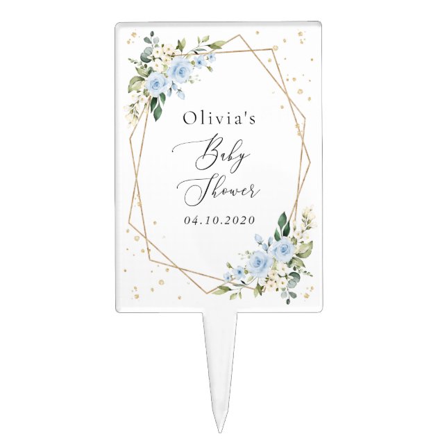 Blue Flowers, White Flowers, Greenery, Baby Shower Cake Topper (Front)