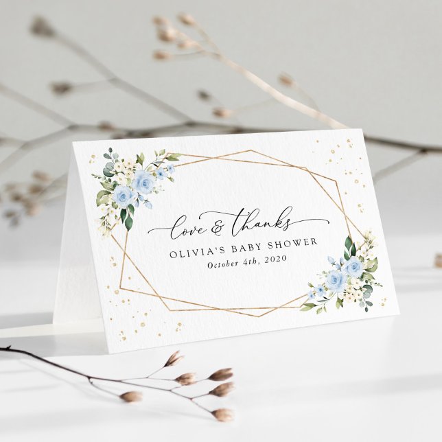 Blue Flowers, White Flowers, Greenery, Baby Shower Thank You Card (Creator Uploaded)
