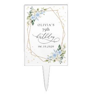 Blue Flowers, White Flowers, Greenery, Birthday Cake Topper