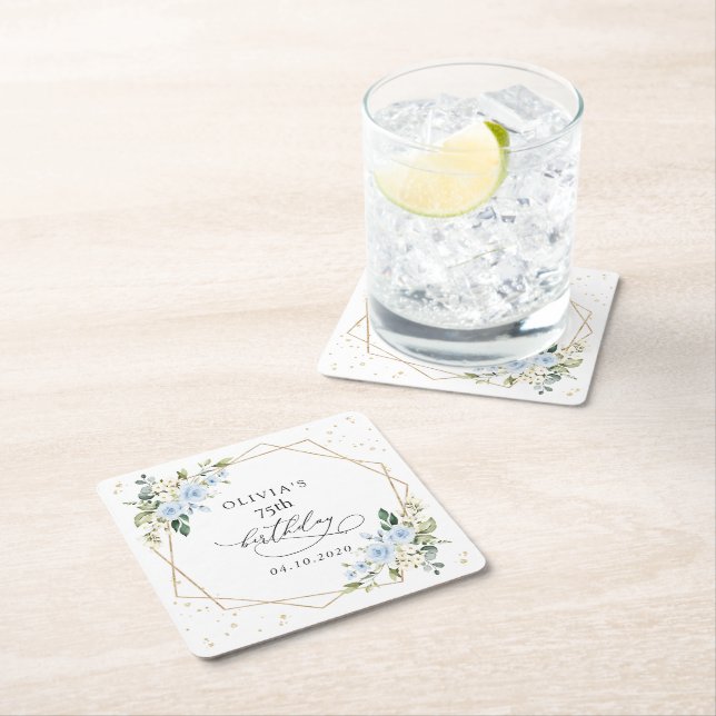 Blue Flowers, White Flowers, Greenery, Birthday Square Paper Coaster (Insitu)
