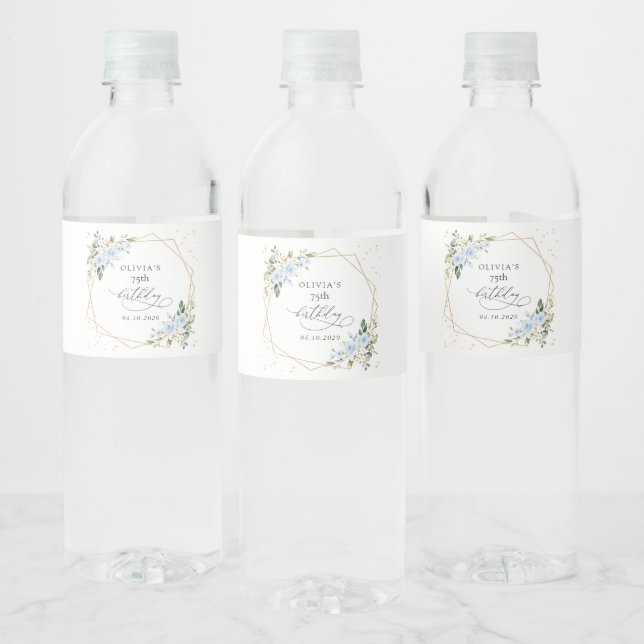 Blue Flowers, White Flowers, Greenery, Birthday Water Bottle Label (Bottles)