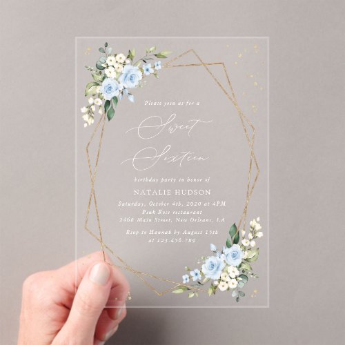 Blue Flowers, White Flowers, Greenery, Sweet 16 Acrylic Invitations
