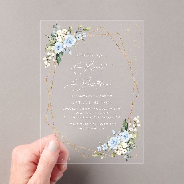 Blue Flowers, White Flowers, Greenery, Sweet 16 Acrylic Invitations (Insitu (Handheld))