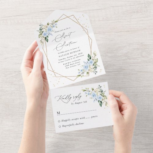 Blue Flowers, White Flowers, Greenery, Sweet 16 All In One Invitation