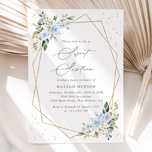 Blue Flowers, White Flowers, Greenery, Sweet 16 Invitation