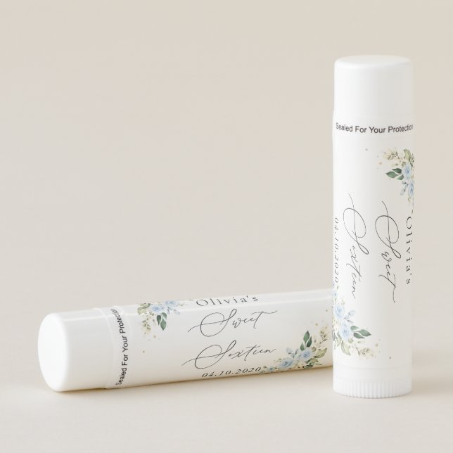 Blue Flowers, White Flowers, Greenery, Sweet 16 Lip Balm (Front)
