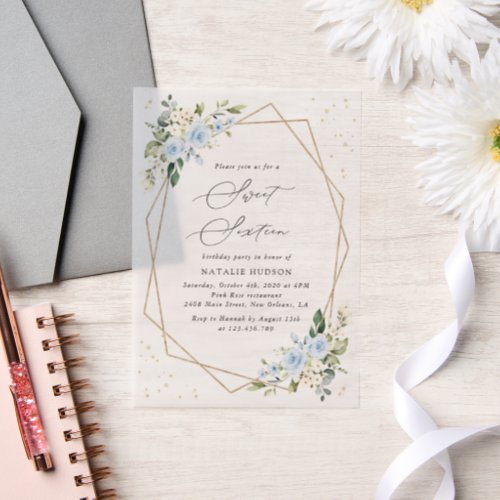 Blue Flowers, White Flowers, Greenery, Sweet 16 Vellum Invitations