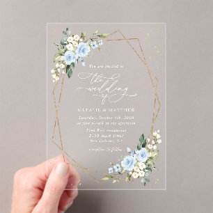 Blue Flowers, White Flowers, Greenery, Wedding Acrylic Invitations