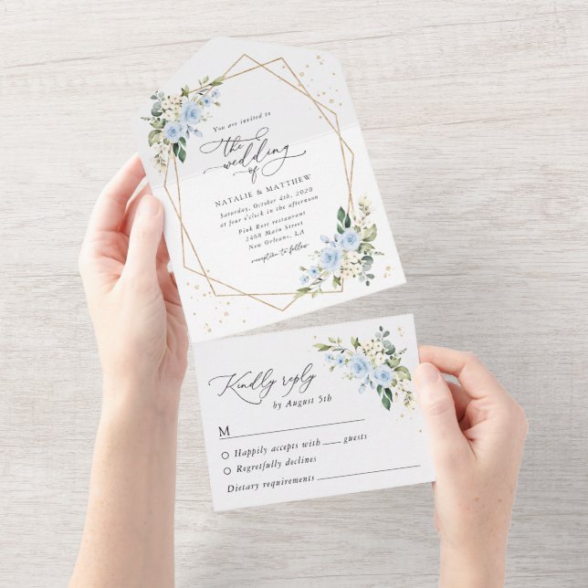 Blue Flowers, White Flowers, Greenery, Wedding All In One Invitation (Tearaway)