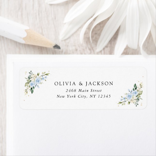 Blue Flowers, White Flowers, Greenery, Wedding Label (Insitu)