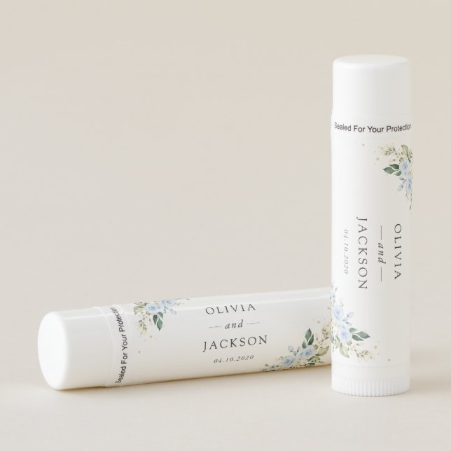 Blue Flowers, White Flowers, Greenery, Wedding Lip Balm (Front)