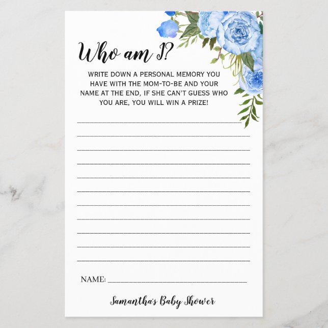 Blue Flowers Who am I Baby Shower Game Card Flyer (Front)
