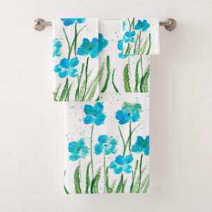 Blue flowers Wildflowers Watercolor Feminine Chic Bath Towel Set