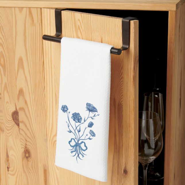 Blue Flowers With Bow Kitchen Towel (Thirds Fold)