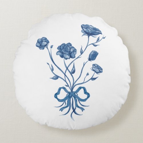 Blue Flowers With Bow Round Pillow