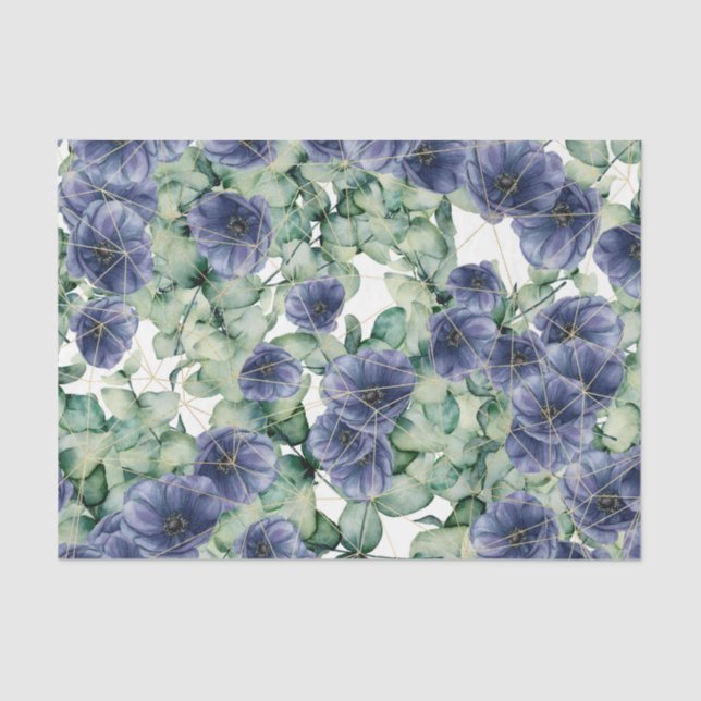 Blue flowers with green leaves and gold tissue paper (Front)