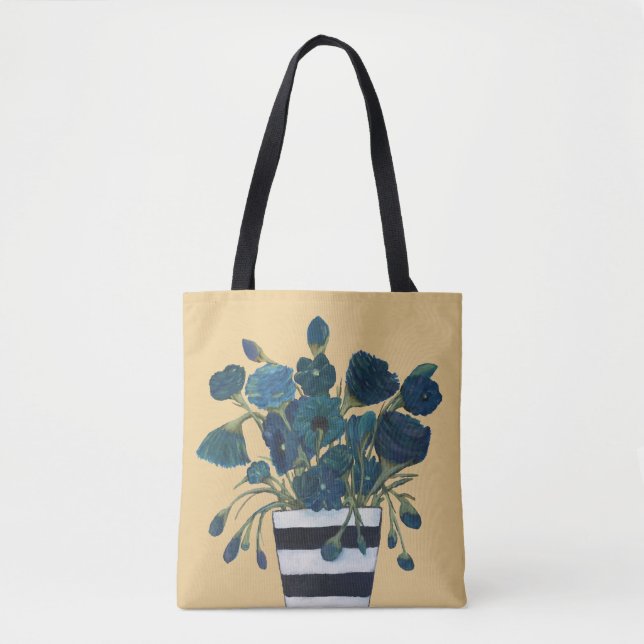 Blue Flowers with Striped Vase Fine Art Tote Bag (Front)