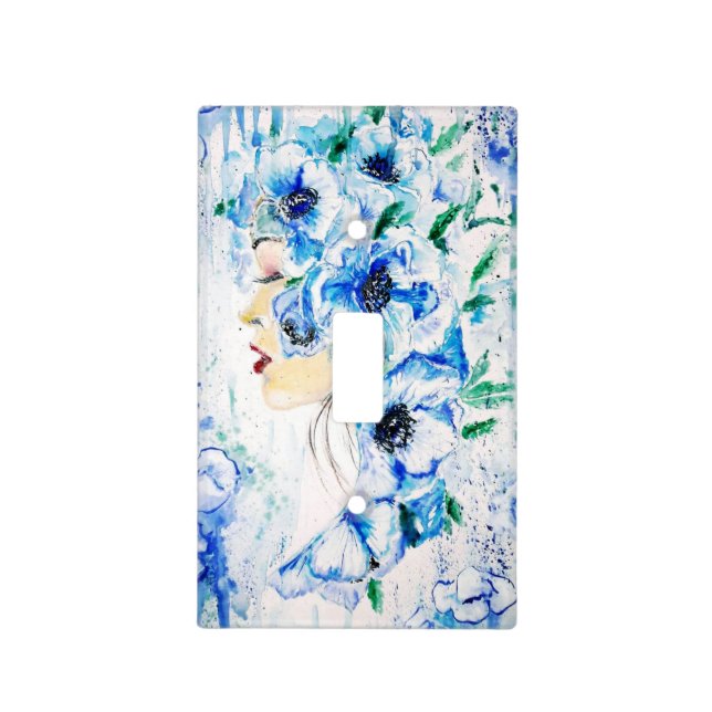 Blue Flowers Woman Light Switch Cover (Front)