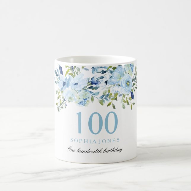 Blue Flowers Womans 100th Birthday Party Present Coffee Mug (Center)