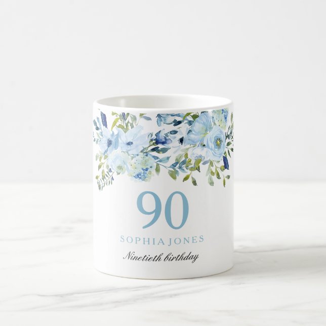 Blue Flowers Womans 90th Birthday Party Gift Coffee Mug (Center)