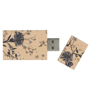 Blue flowers wood flash drive