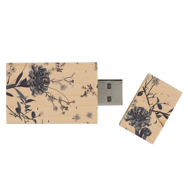 Blue flowers wood flash drive (Opened)