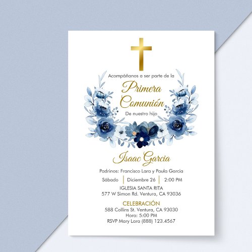 Blue Flowers Wreath First Communion in Spanish  Invitation
