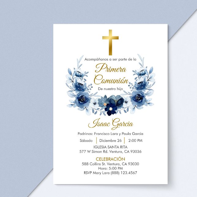 Blue Flowers Wreath First Communion in Spanish  Invitation (Creator Uploaded)