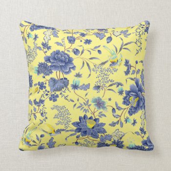 Blue Flowers Yellow Birds Throw Pillow by ElizaBGraphics at Zazzle
