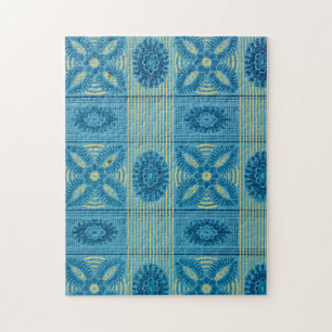 Blue flowers yellow stripes vintage art Pattern Jigsaw Puzzle