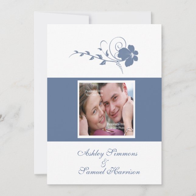 Blue Flowing Flower Photo 5x7 Wedding Invitation (Front)