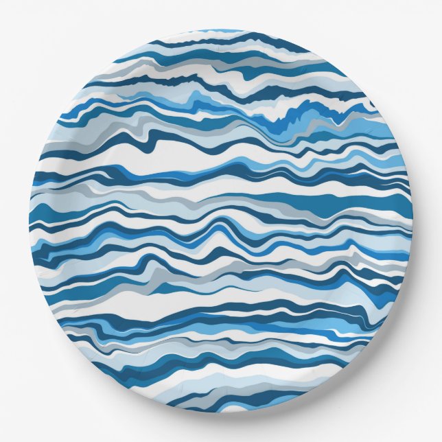  Blue Fluid Art Marble Pour Painting Strip Paper Plates (Front)
