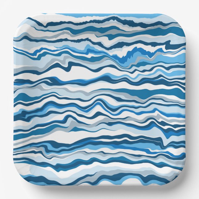  Blue Fluid Art Marble Pour Painting Stripe Paper Plates (Front)