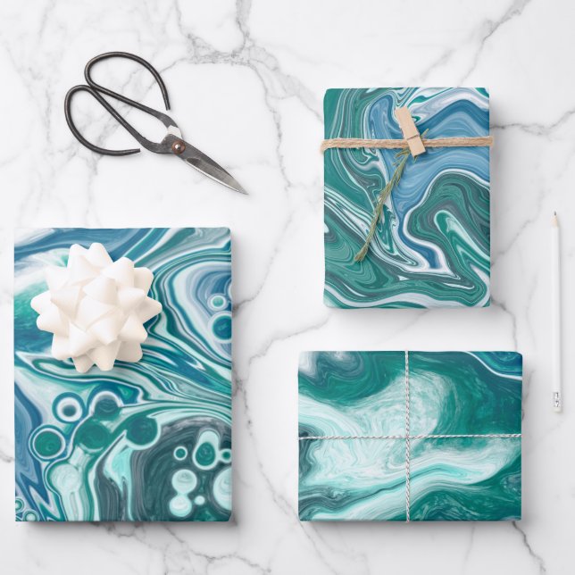 Blue fluid Art marble Wrapping Paper Sheets (Front)