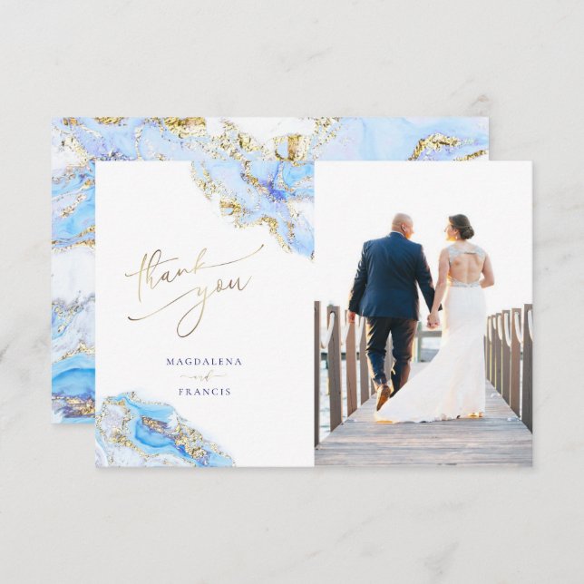 blue fluid marble wedding thank you card (Front/Back)
