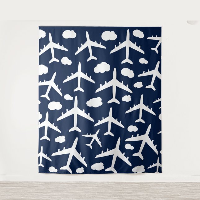 Blue flying airplanes aircraft pattern  tapestry (Front)