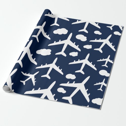 Blue flying airplanes aircraft pattern  wrapping paper