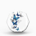 Blue Flying Butterflies Morpho Acrylic Award<br><div class="desc">Flying Blue Butterflies morpho and white butterflies on a light abstract background. Morpho. Design with blue butterflies morpho.</div>