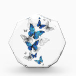 Blue Flying Butterflies Morpho Acrylic Award<br><div class="desc">Flying Blue Butterflies morpho and white butterflies on a light abstract background. Morpho. Design with blue butterflies morpho.</div>