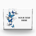 Blue Flying Butterflies Morpho Acrylic Award<br><div class="desc">Flying Blue Butterflies morpho and white butterflies on a light abstract background. Morpho. Design with blue butterflies morpho.</div>