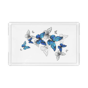 Blue Flying Butterflies Morpho Acrylic Tray