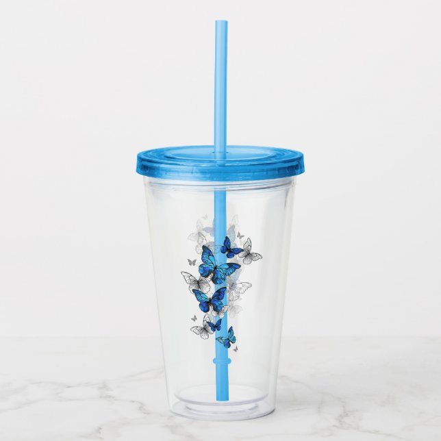 Blue Flying Butterflies Morpho Acrylic Tumbler (Front)