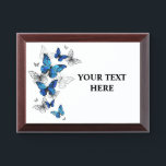 Blue Flying Butterflies Morpho Award Plaque<br><div class="desc">Flying Blue Butterflies morpho and white butterflies on a light abstract background. Morpho. Design with blue butterflies morpho.</div>