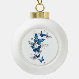 Blue Flying Butterflies Morpho Ceramic Ball Christmas Ornament